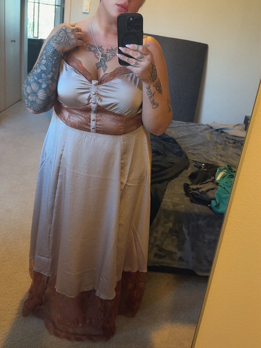 torrid Beige Satin Maxi Dress with Brown Lace Trim - Picture 3 of 3